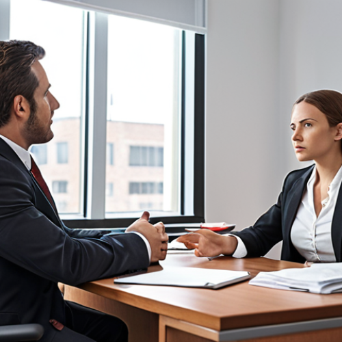 Home 15 **A lawyer actively listening to a client in their office. The scene should convey trust and empathy, focusing on the human connection rather than legal jargon. Include modern office elements and soft, natural lighting.**
